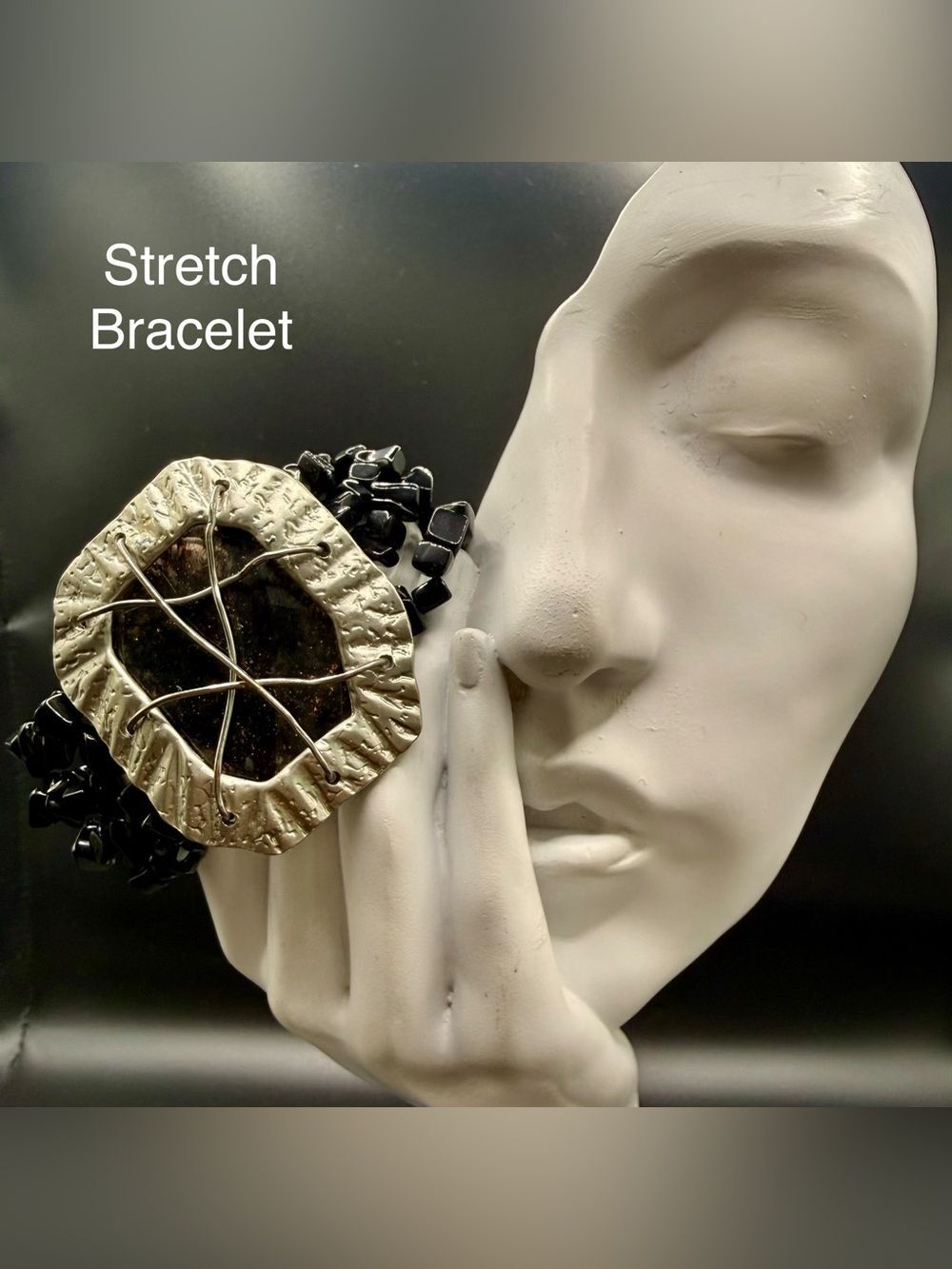 Handcrafted Black Bead Stretch Bracelet with Textured Gold Accent